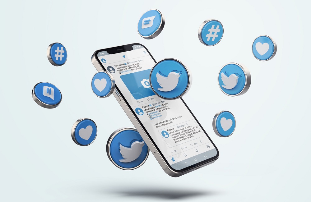 Twitter on Silver Mobile Phone Mockup with 3d icons