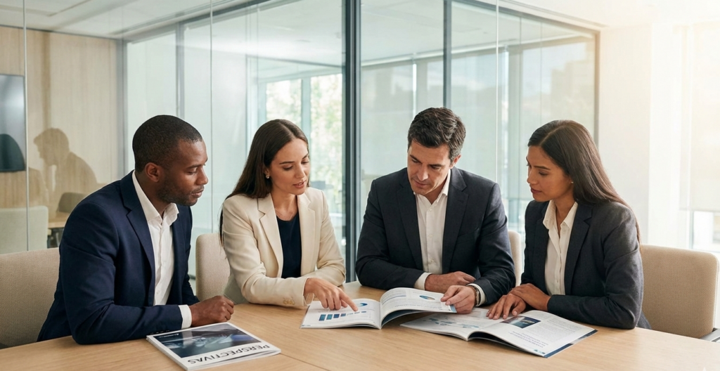 Miembros de una asociación leyendo una revista corporativa para asociaciones, fortaleciendo la comunicación interna y mostrando logros y proyectos