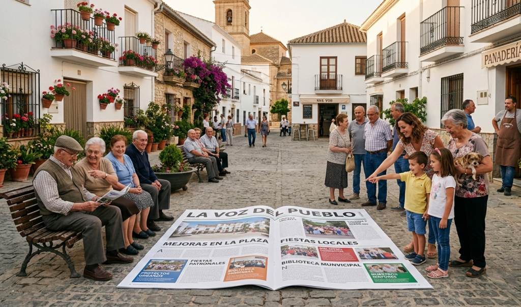 Revista municipal gigante en una plaza de pueblo con vecinos leyendo juntos y compartiendo información institucional