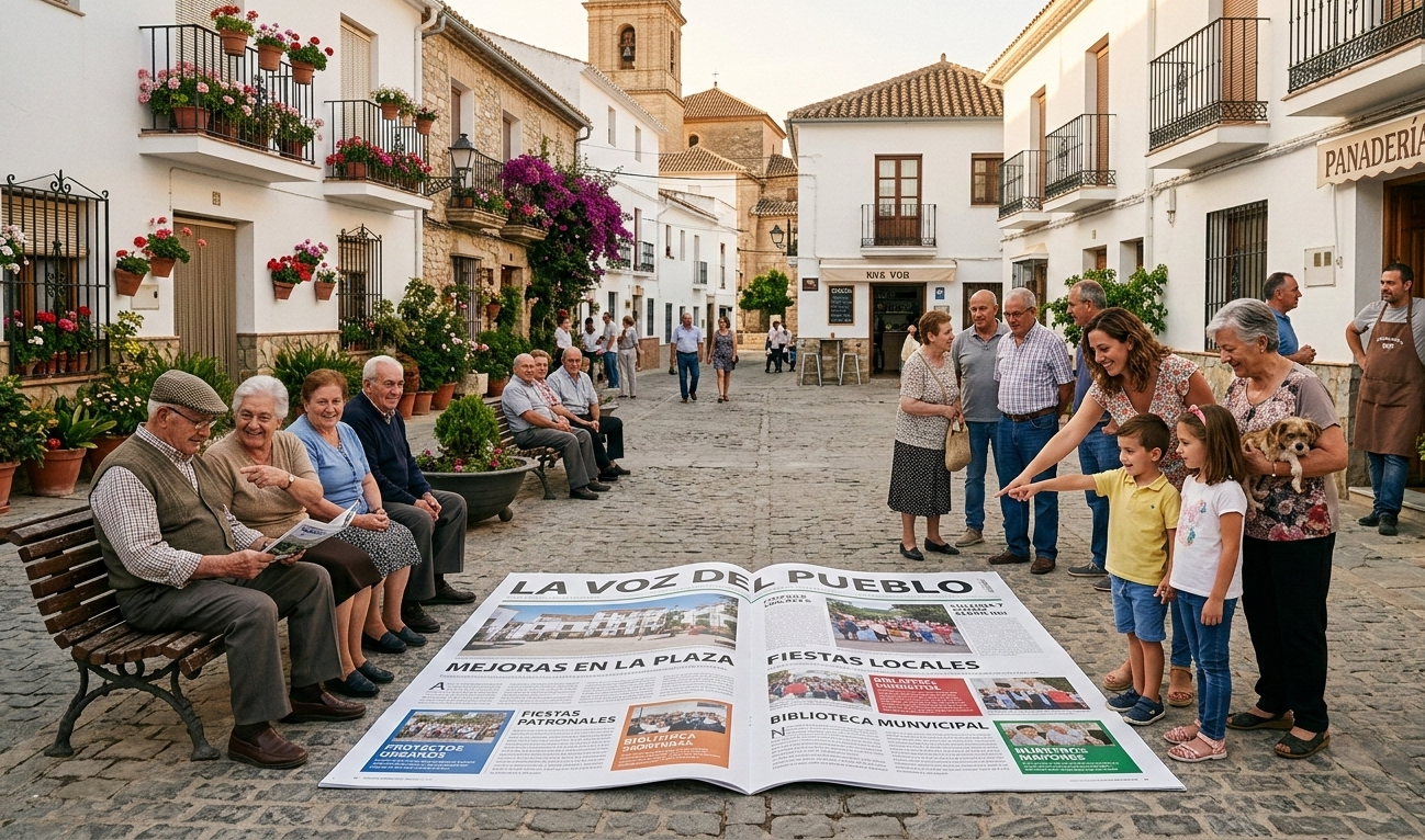 Revista municipal gigante en una plaza de pueblo con vecinos leyendo juntos y compartiendo información institucional
